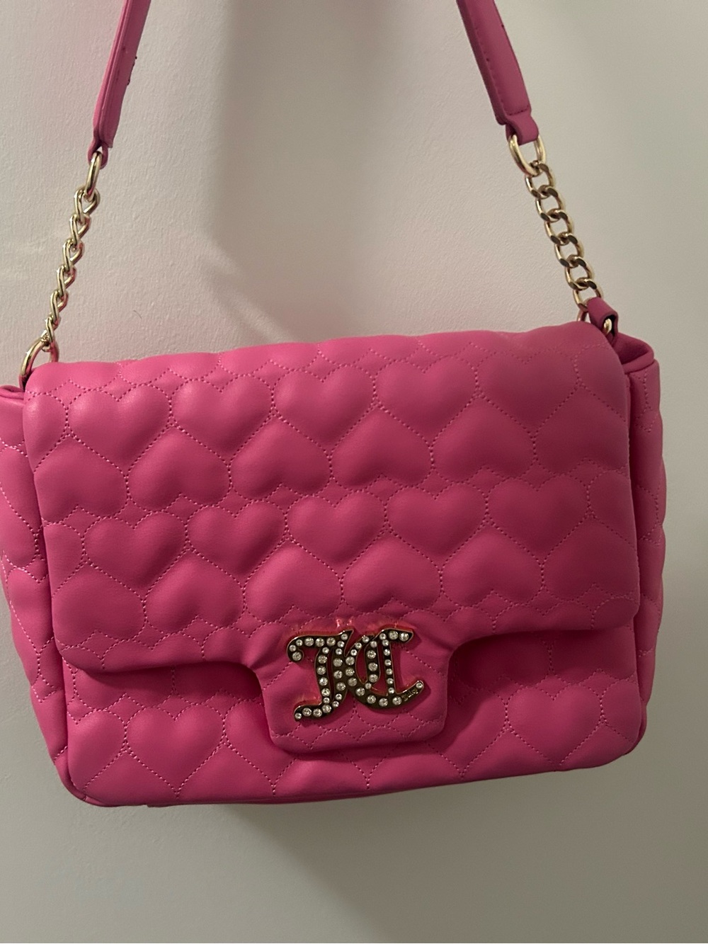 Juicy Couture Pink Quilted Heart Shoulder Bag with Gold Chain